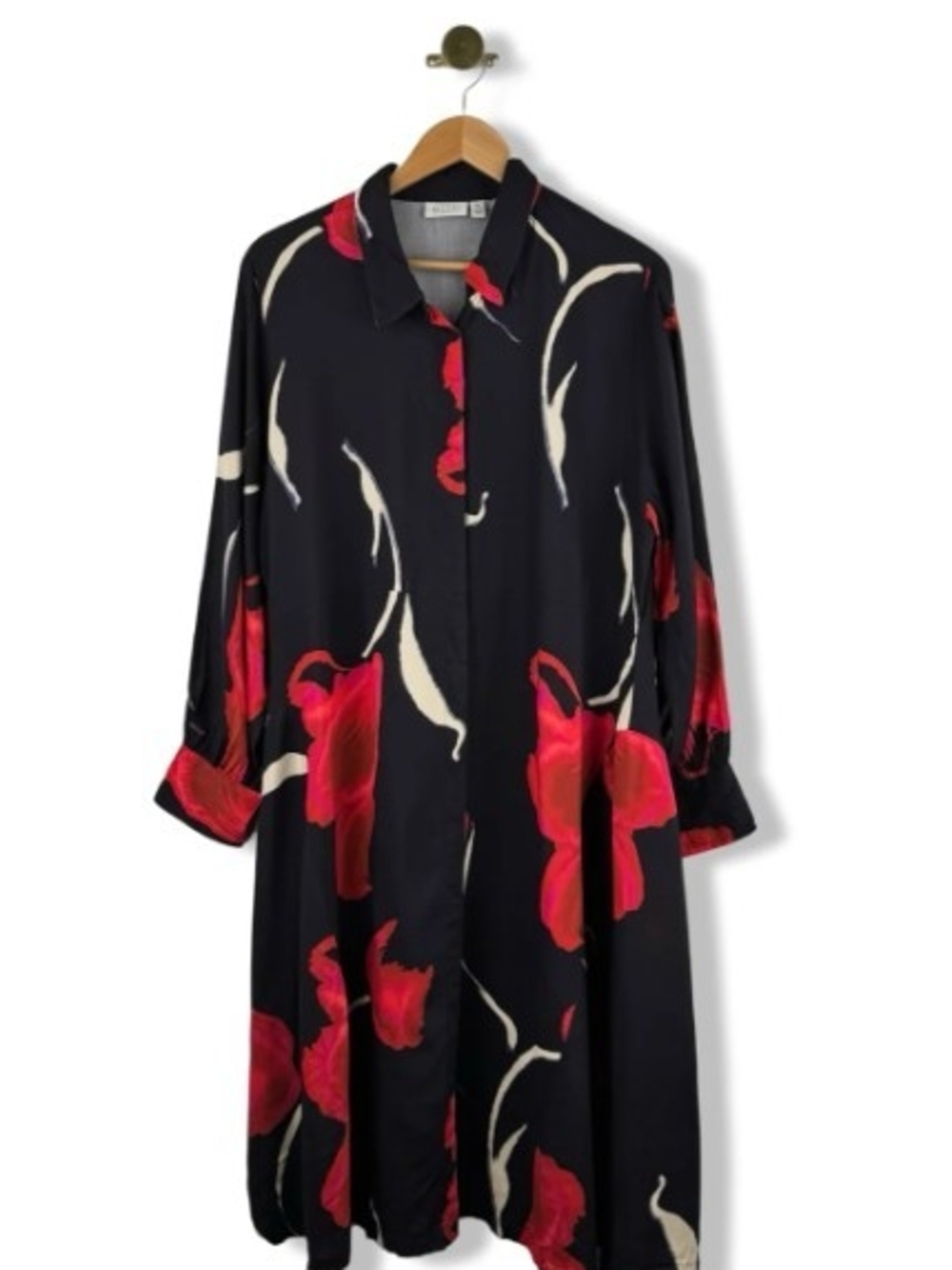 Asai Copenhagen Black Long-Sleeve Floral Shirt Dress with Red & Cream Print